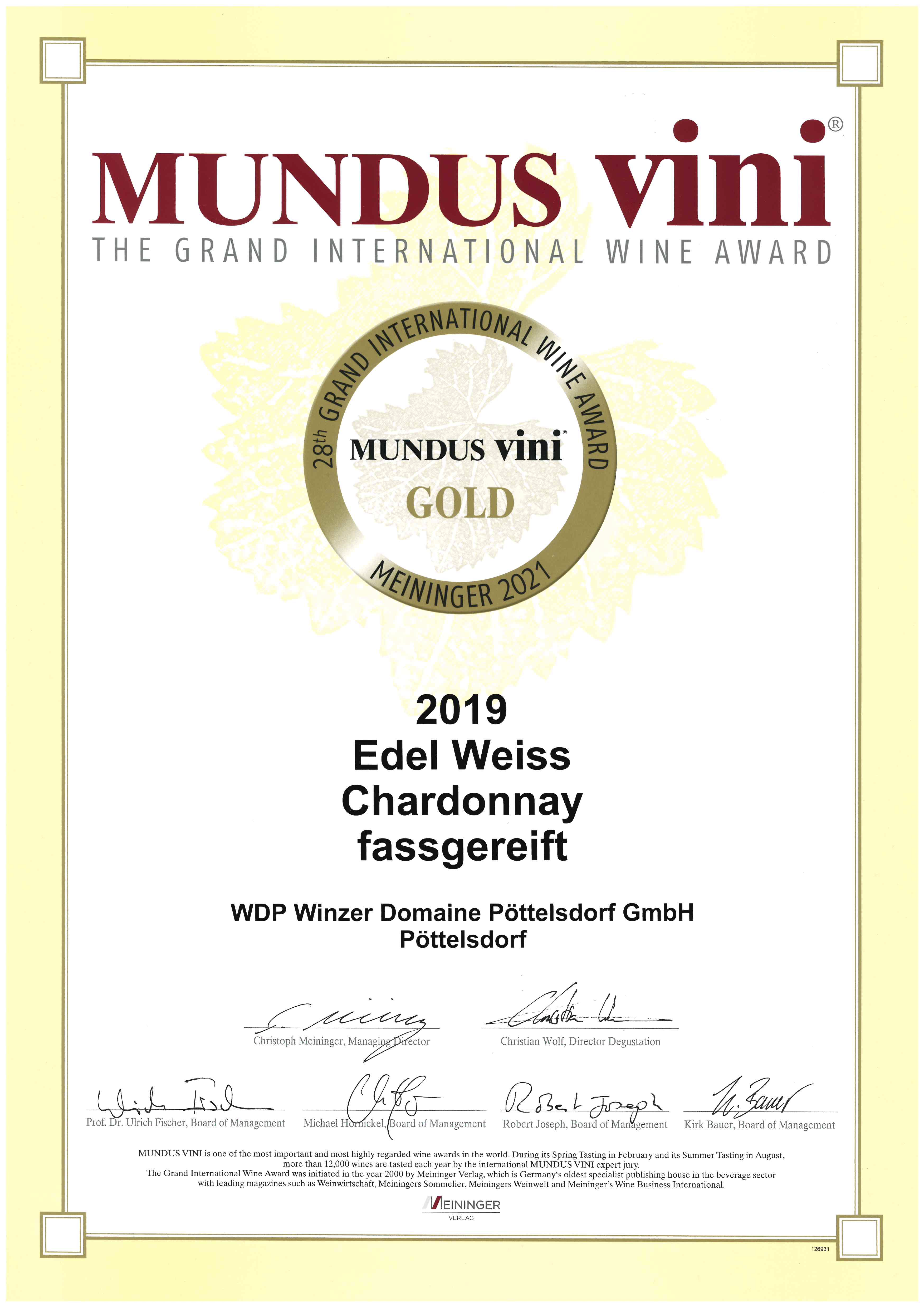 EDEL WEISS Chardonnay 2019, fassgereift